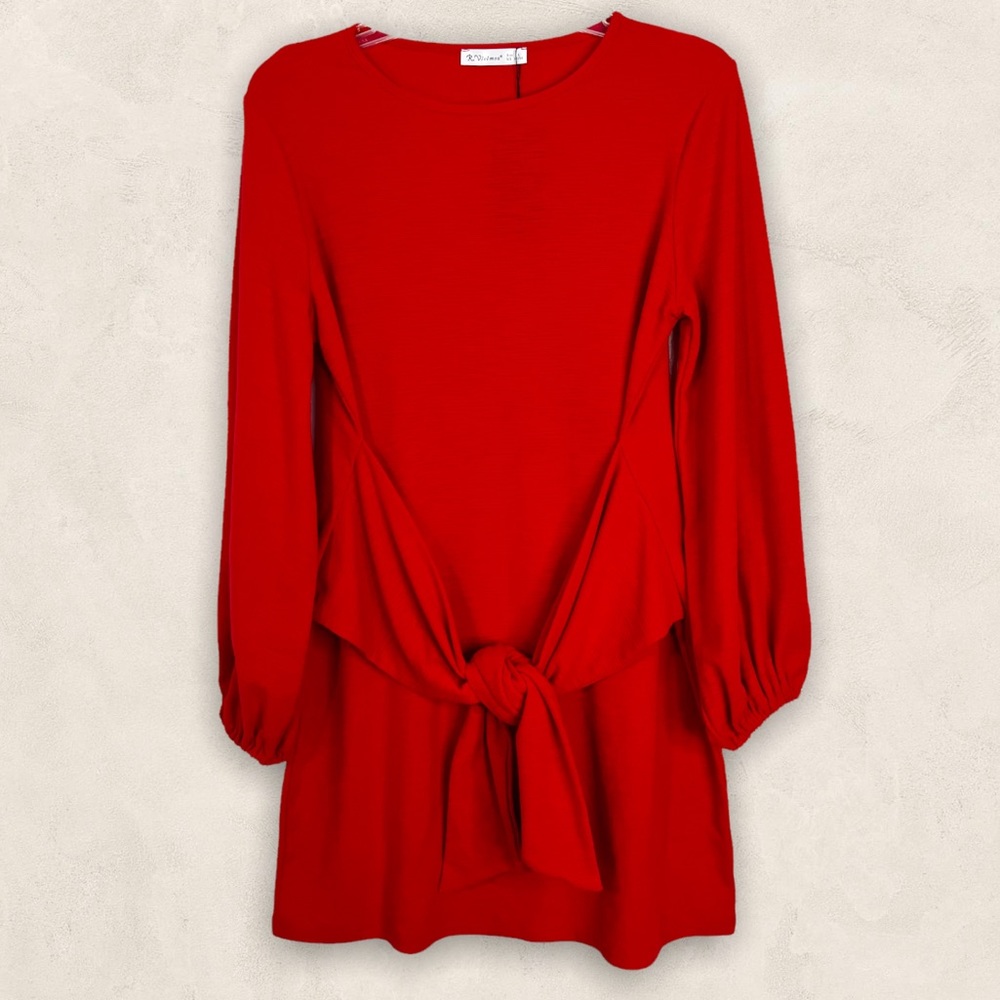 R. Vivimos Red Tie Front Textured Long Sleeve Mini Dress Size L